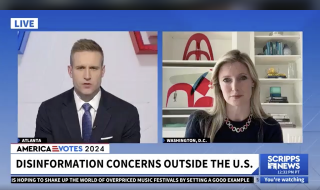 Screenshot of CDT CEO Alexandra Givens speaking to a Scripps News anchor, discussing the impacts of election misinformation and disinformation.